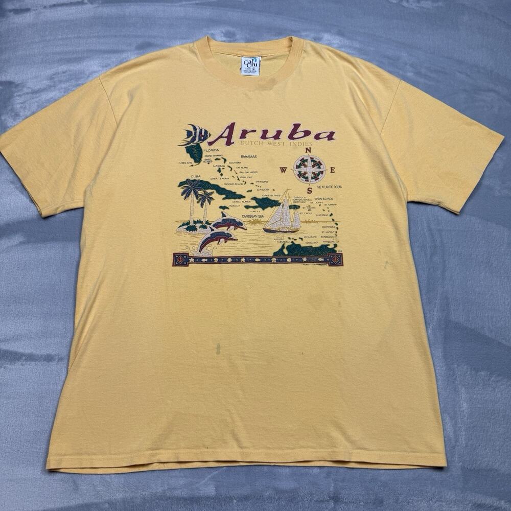Vintage 90s Aruba T Shirt Mens L Single Stitch USA Made Map Tourist Distressed